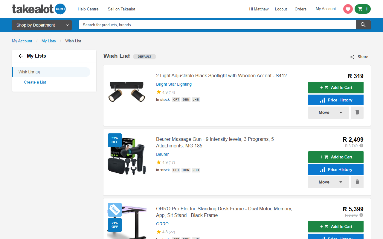 Wishlist price history buttons